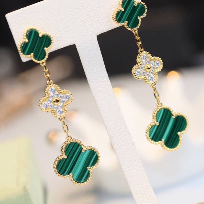 [Glitter Jewelry]CLOVER EARRINGS GOLD MALACHITE DIAMOND 3 MOTIF