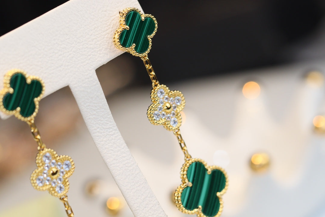 [Glitter Jewelry]CLOVER EARRINGS GOLD MALACHITE DIAMOND 3 MOTIF