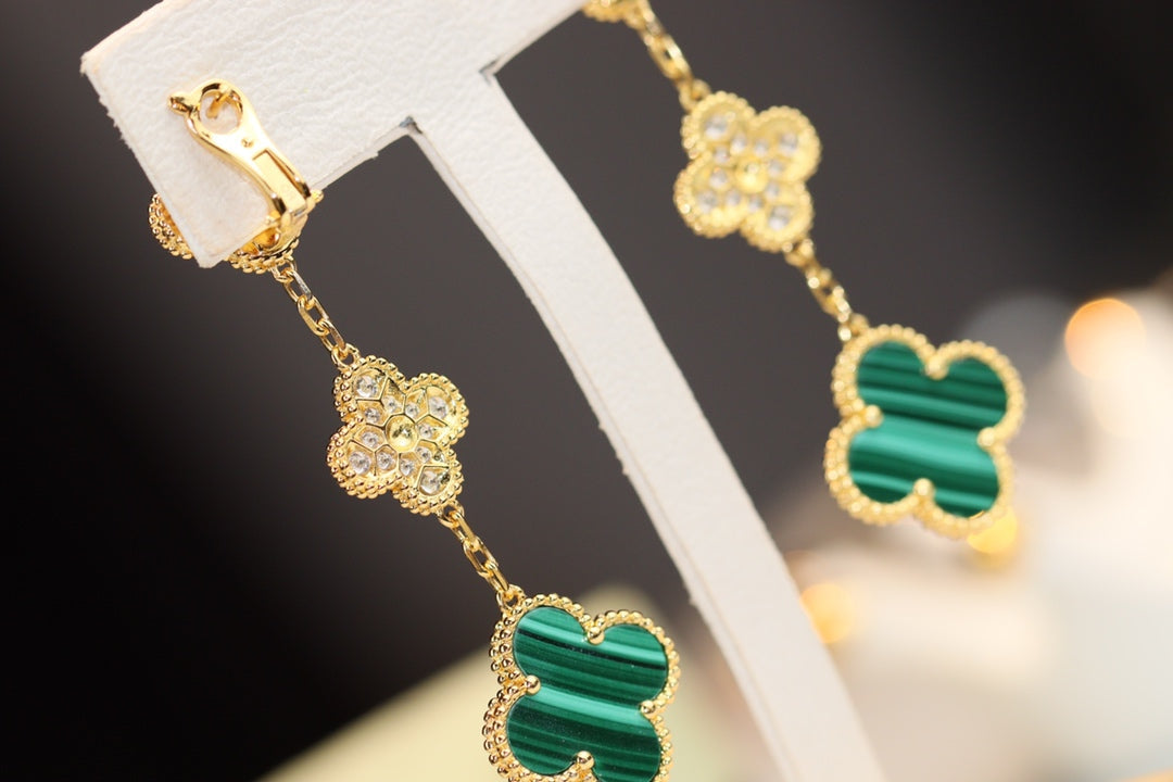 [Glitter Jewelry]CLOVER EARRINGS GOLD MALACHITE DIAMOND 3 MOTIF