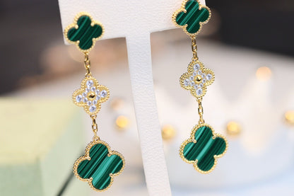 [Glitter Jewelry]CLOVER EARRINGS GOLD MALACHITE DIAMOND 3 MOTIF