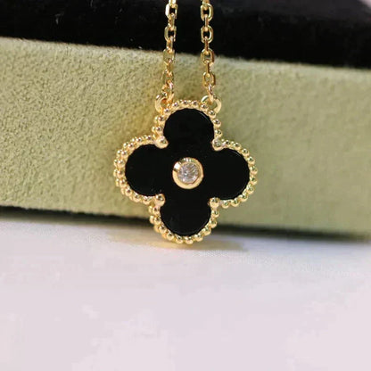 [Glitter Jewelry]CLOVER 15MM DIAMOND ONYX NECKLACE