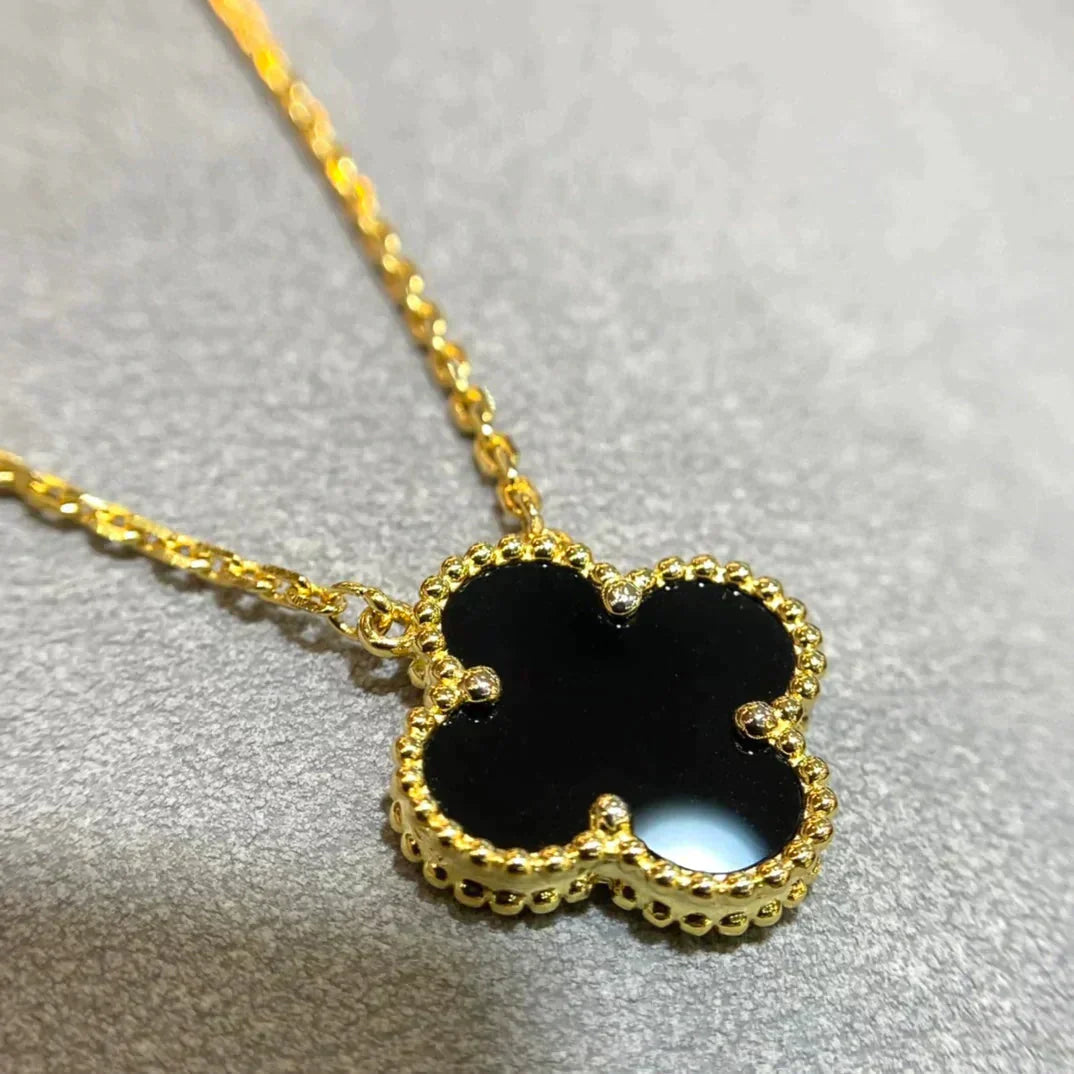 [Glitter Jewelry]CLOVER 15MM BLACK ONYX SINGLE FLOWER NECKLACE
