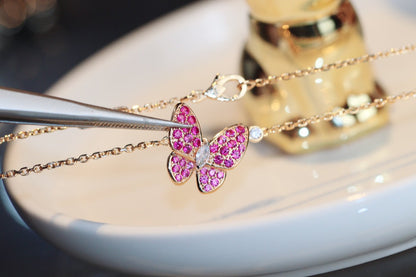 [Glitter Jewelry]BUTTERFLY RED DIAMOND ROSE GOLD NECKLACE