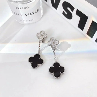 [Glitter Jewelry]CLOVER 2 MOTIFS  DIAMOND ONYX EARRINGS SILVER