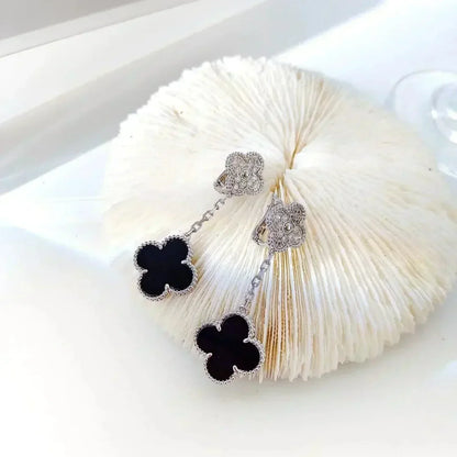 [Glitter Jewelry]CLOVER 2 MOTIFS  DIAMOND ONYX EARRINGS SILVER