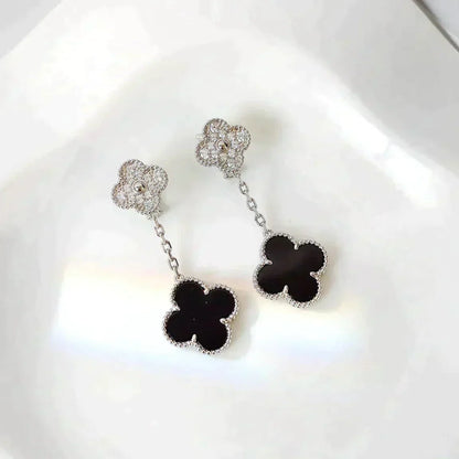 [Glitter Jewelry]CLOVER 2 MOTIFS  DIAMOND ONYX EARRINGS SILVER