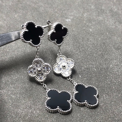 [Glitter Jewelry]CLOVER 3 MOTIF DIAMOND ONYX SILVER EARRINGS
