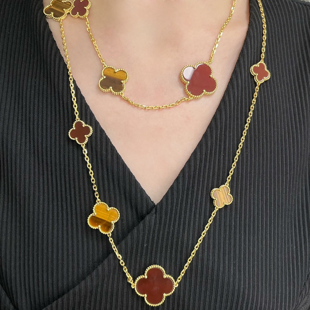 [Glitter Jewelry]CLOVER 16 MOTIF CARNELIAN TIGER EYE ROSE GOLD NECKLACE