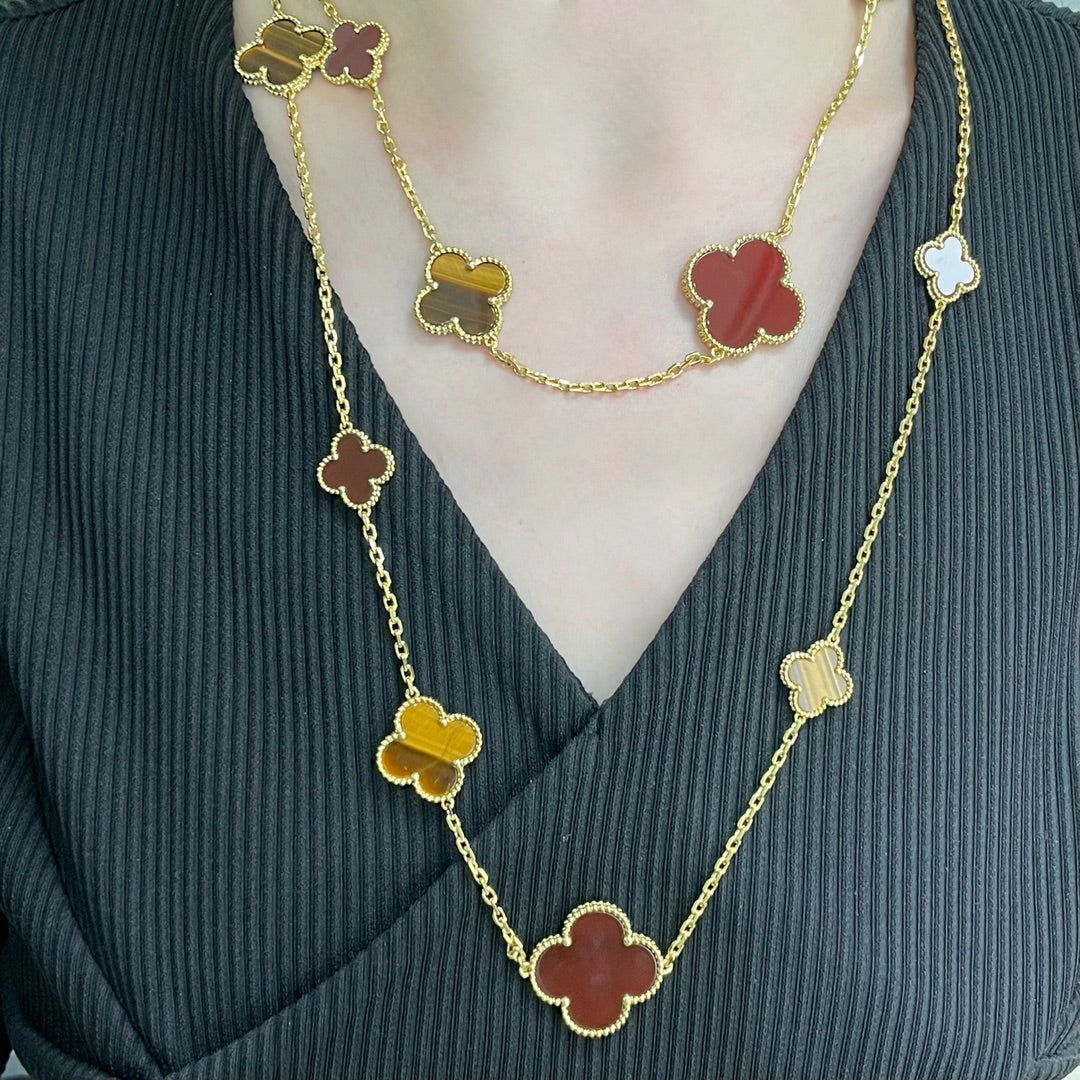 [Glitter Jewelry]CLOVER 16 MOTIF CARNELIAN TIGER EYE ROSE GOLD NECKLACE
