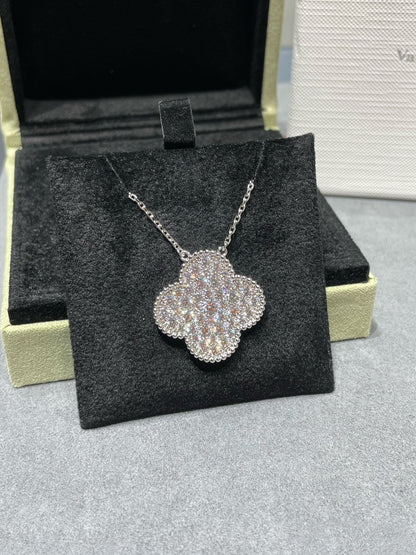 [Glitter Jewelry]CLOVER 25MM LARGE PENDANT DIAMOND PAVED SILVER NECKLACE