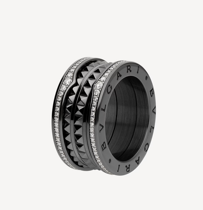[Glitter Jewelry]ZERO 1 ROCK FOUR-BAND BLACK CERAMIC WITH STUDDED SPIRAL AND PAVED DIAMONDS RING