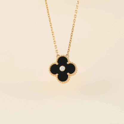 [Glitter Jewelry]CLOVER 15MM DIAMOND ONYX NECKLACE
