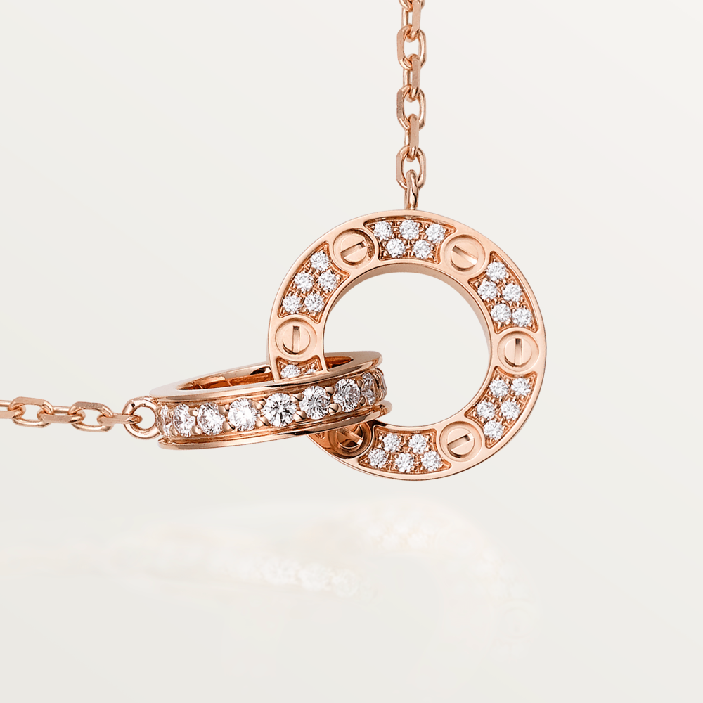 [Glitter Jewelry]LOVE 7.6MM NECKLACE ROSE GOLD AND SILVER  FULL DIAMOND