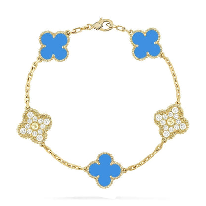 [Glitter Jewelry]CLOVER 5 MOTIF BLUE CHALCEDONY DIAMOND GOLD BRACELET