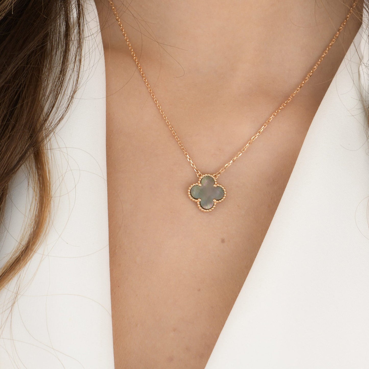 [Glitter Jewelry]CLOVER 15MM  GRAY MOTHER OF PEARL NECKLACE