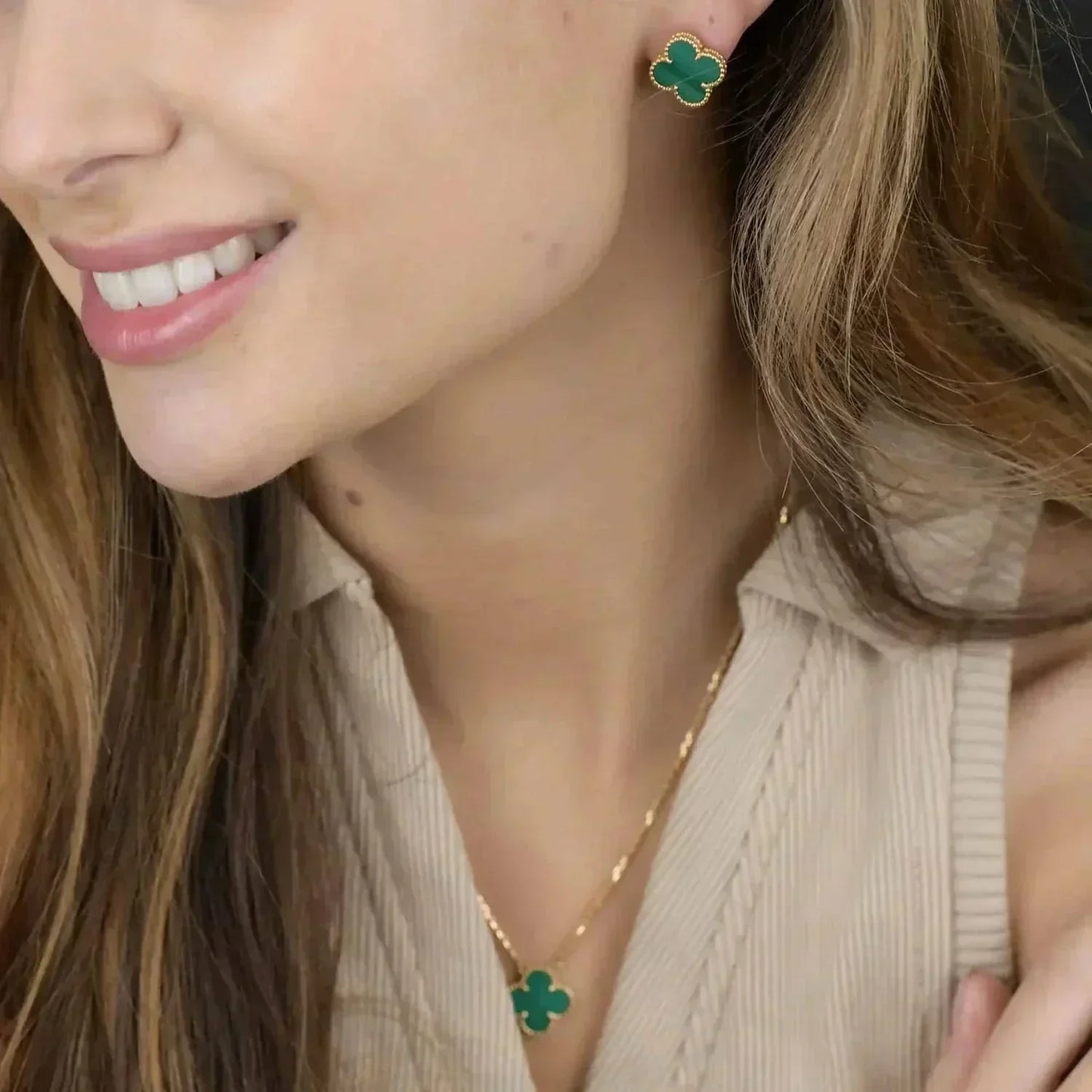 [Glitter Jewelry]CLOVER MINI 9.5MM MALACHITE  EARRINGS
