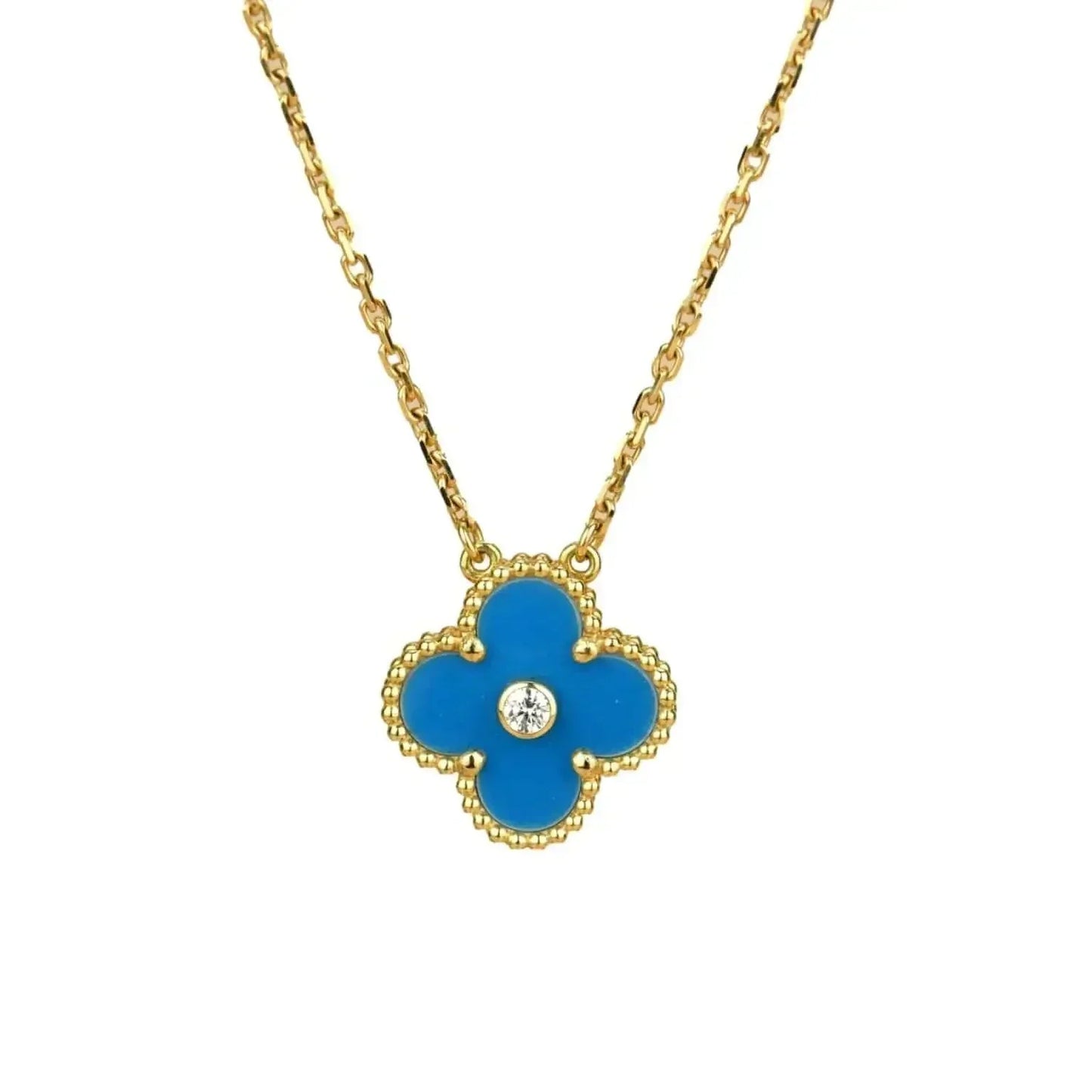 [Glitter Jewelry]CLOVER 15MM DIAMOND AND BLUE AGATE NECKLACE