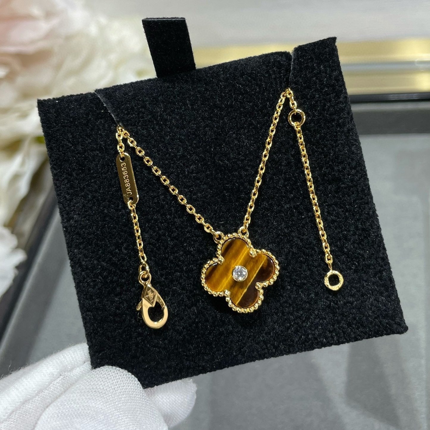 [Glitter Jewelry]CLOVER 15MM DIAMOND AND YELLOW TIGER'S EYE AGATE necklace