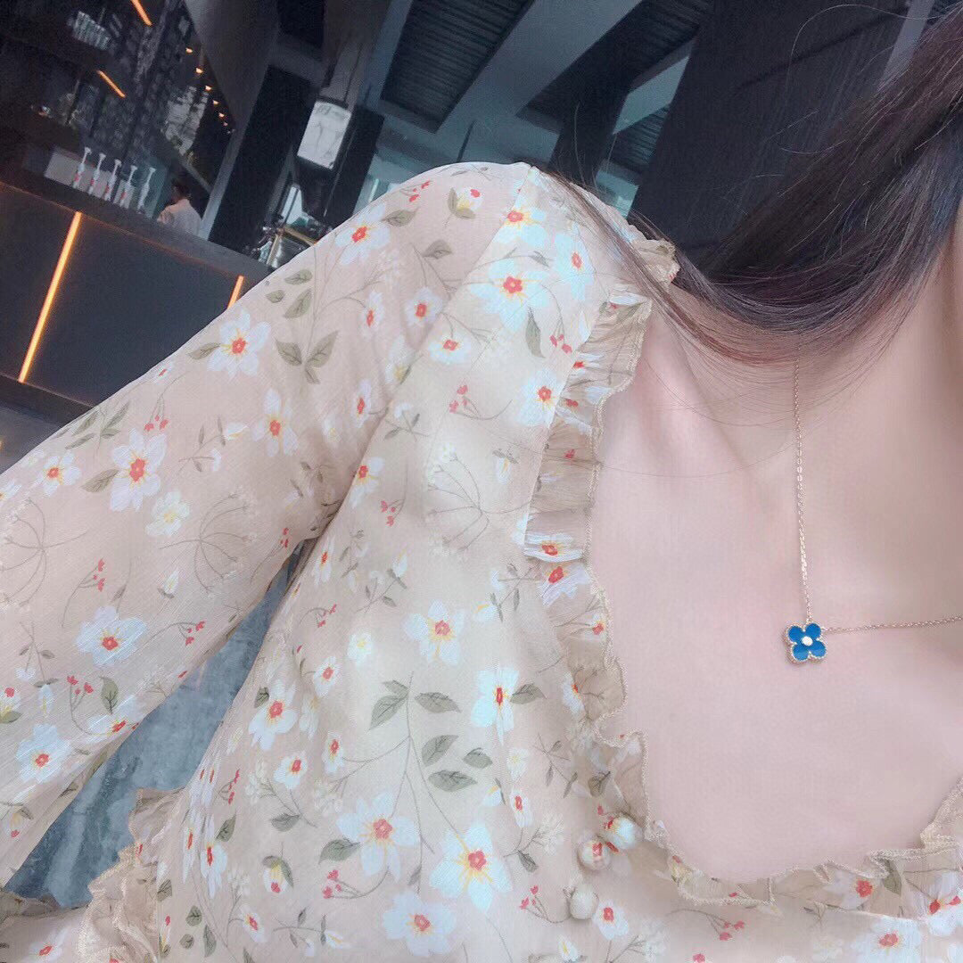 [Glitter Jewelry]CLOVER 15MM DIAMOND AND BLUE AGATE NECKLACE