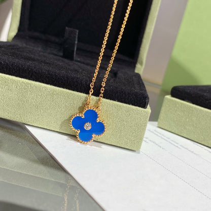 [Glitter Jewelry]CLOVER 15MM DIAMOND AND BLUE AGATE NECKLACE