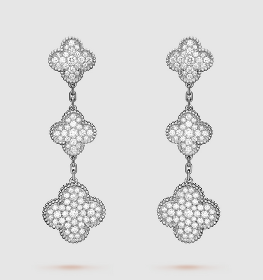 [Glitter Jewelry]CLOVER 3 MOTIF DIAMOND SILVER DROP EARRINGS