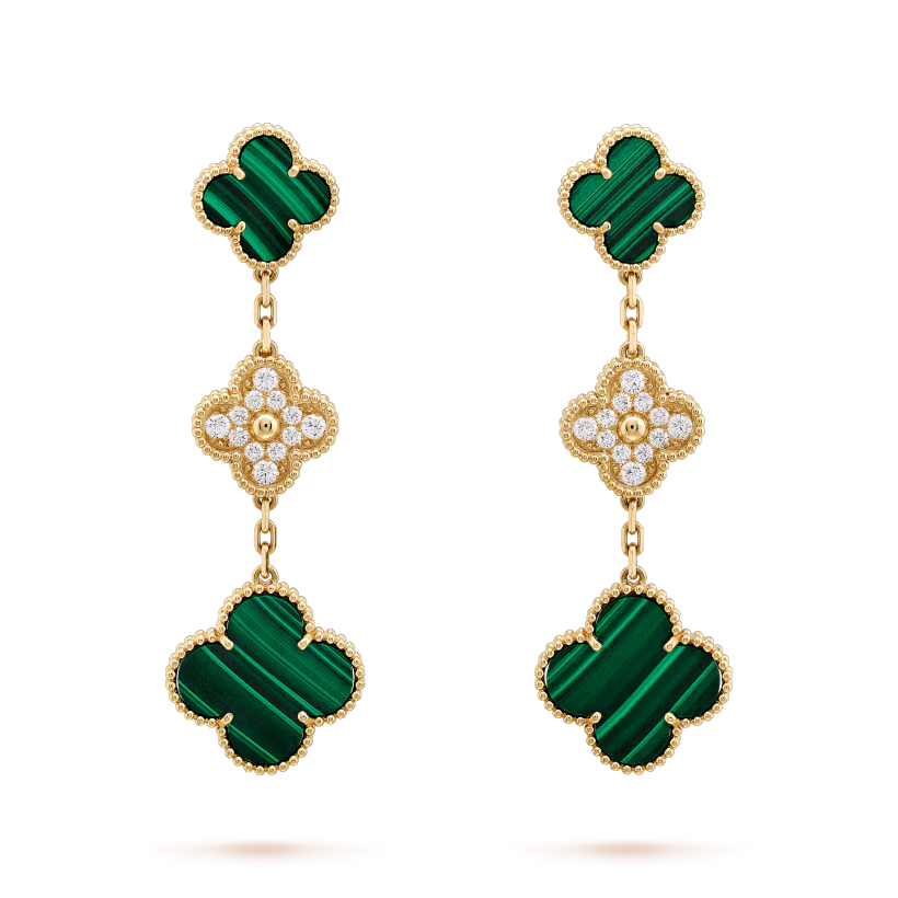 [Glitter Jewelry]CLOVER EARRINGS GOLD MALACHITE DIAMOND 3 MOTIF