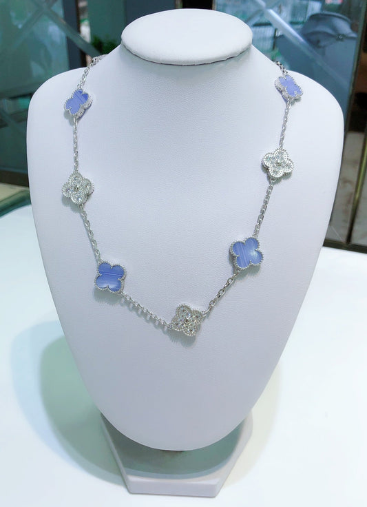 [Glitter Jewelry]CLOVER 10 MOTIFS CHALCEDONY DIAMONDS SILVER NECKLACE