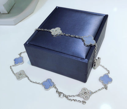 [Glitter Jewelry]CLOVER 10 MOTIFS CHALCEDONY DIAMONDS SILVER NECKLACE