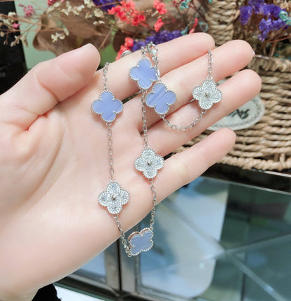 [Glitter Jewelry]CLOVER 10 MOTIFS CHALCEDONY DIAMONDS SILVER NECKLACE