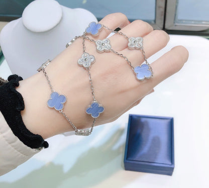 [Glitter Jewelry]CLOVER 10 MOTIFS CHALCEDONY DIAMONDS SILVER NECKLACE