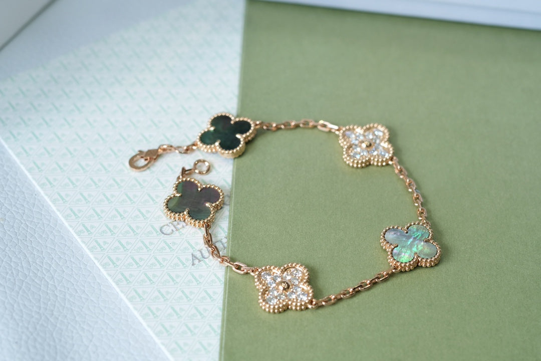 [Glitter Jewelry]CLOVER 5 MOTIFS DARK MOP AND DIAMONDS PINK GOLD BRACELET